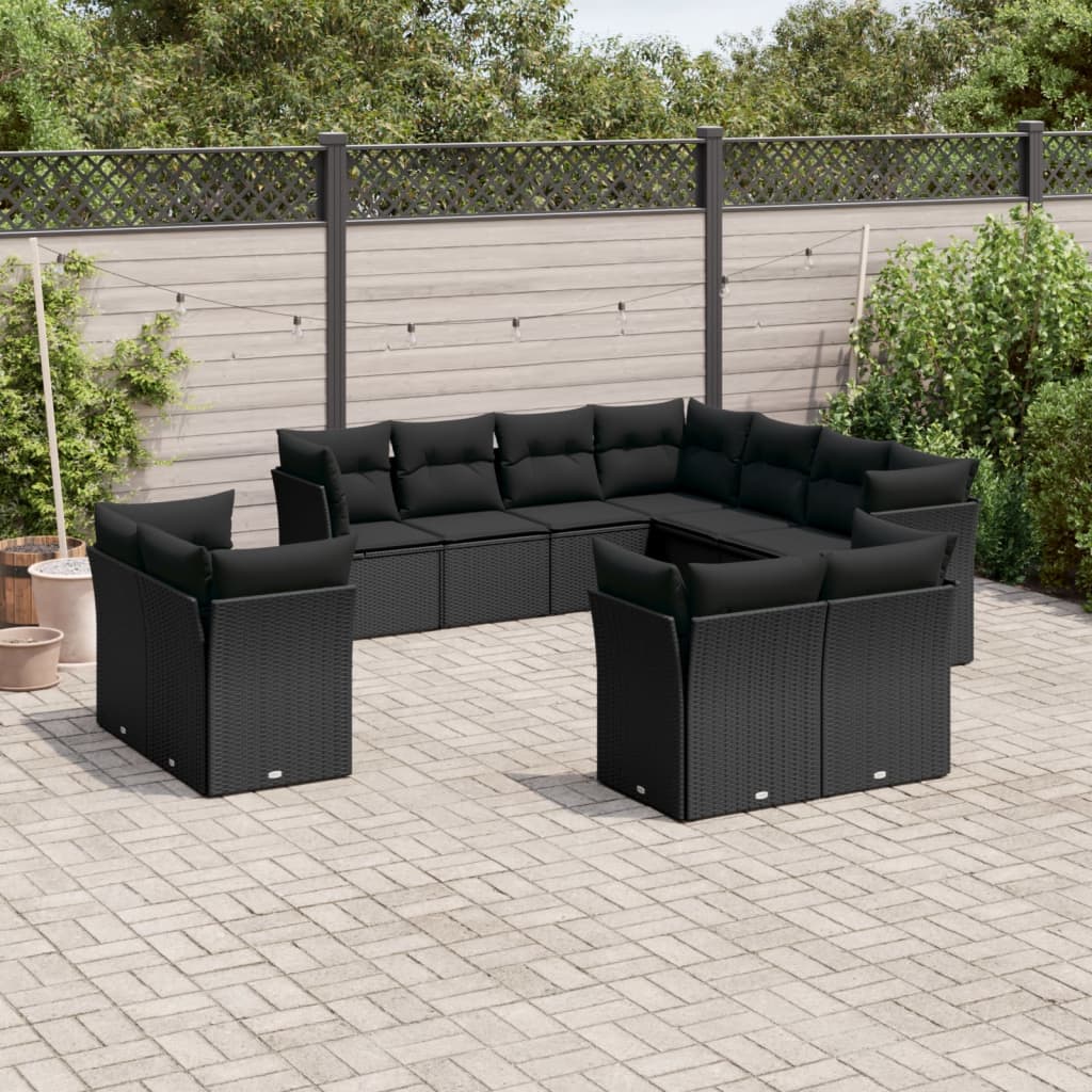 vidaXL 11-tlg. Garten-Sofagarnitur mit Kissen Schwarz Poly Rattan