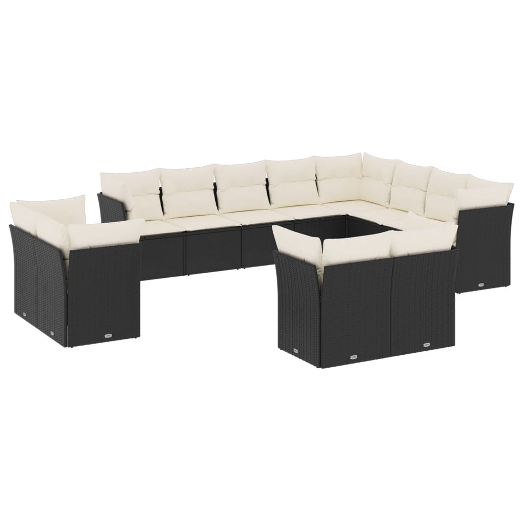 vidaXL 12-tlg. Garten-Sofagarnitur mit Kissen Schwarz Poly Rattan