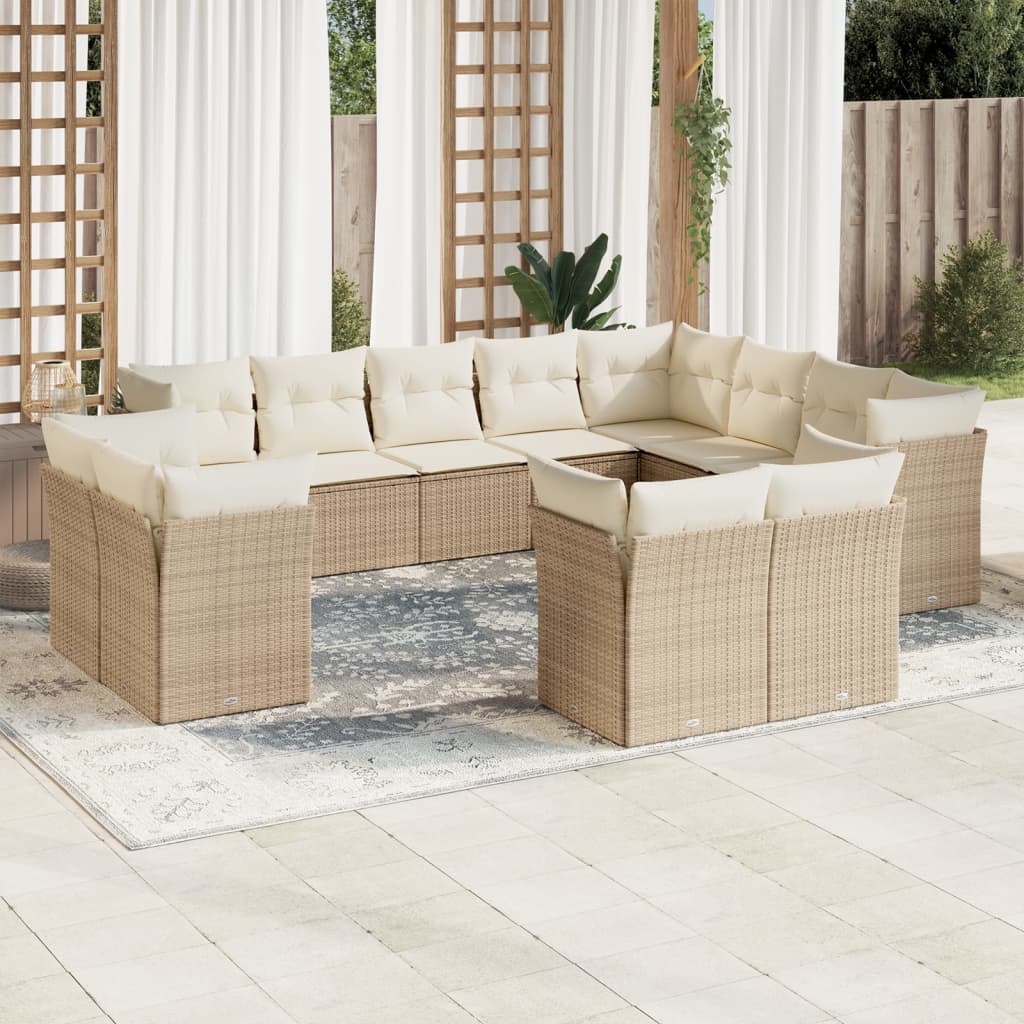 vidaXL 12-tlg. Garten-Sofagarnitur mit Kissen Beige Poly Rattan