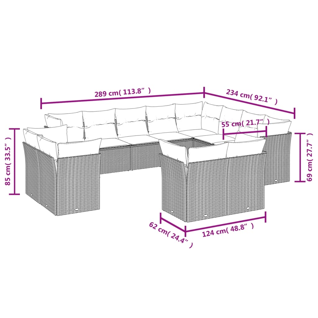 vidaXL 12-tlg. Garten-Sofagarnitur mit Kissen Hellgrau Poly Rattan