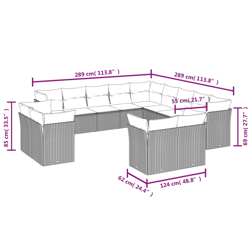 vidaXL 13-tlg. Garten-Sofagarnitur mit Kissen Braun Poly Rattan