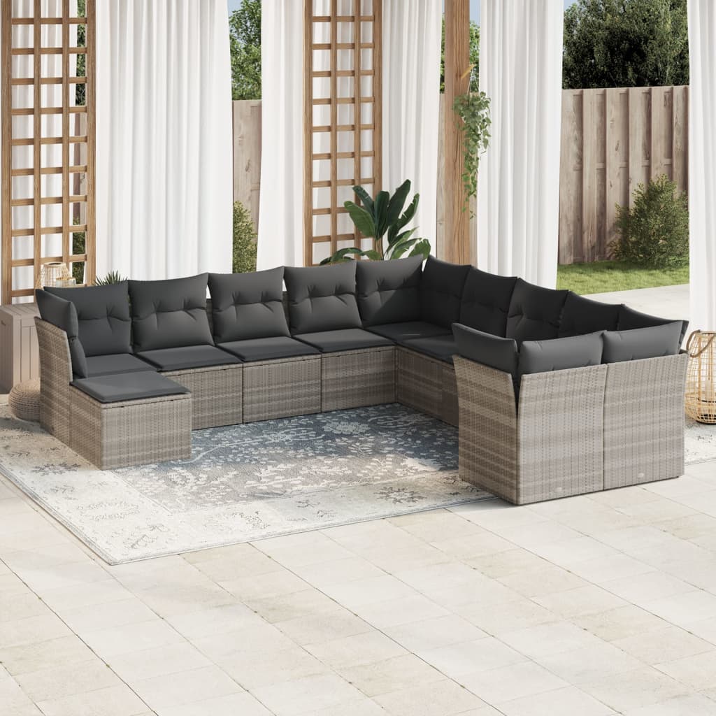 vidaXL 11-tlg. Garten-Sofagarnitur mit Kissen Hellgrau Poly Rattan