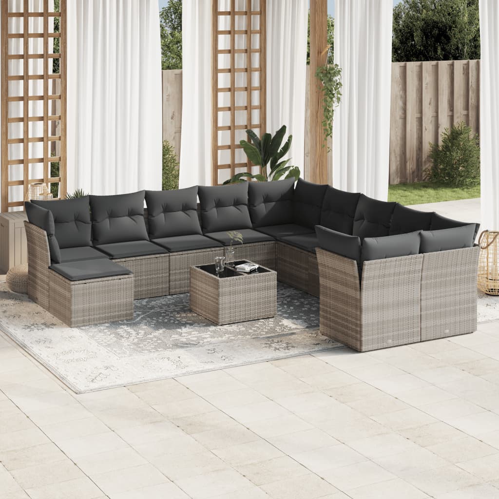 vidaXL 12-tlg. Garten-Sofagarnitur mit Kissen Hellgrau Poly Rattan