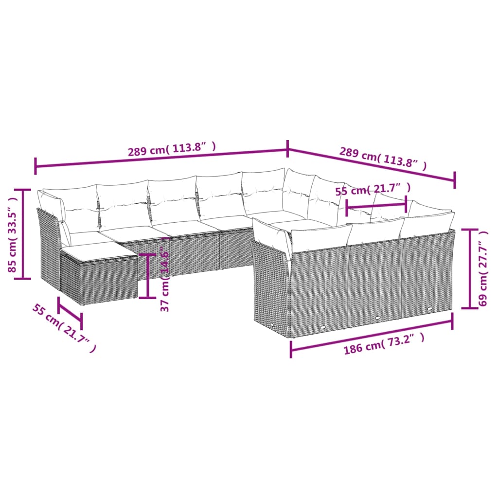 vidaXL 12-tlg. Garten-Sofagarnitur mit Kissen Hellgrau Poly Rattan