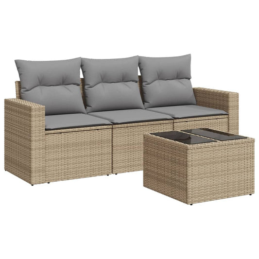 vidaXL 4-tlg. Garten-Sofagarnitur mit Kissen Beige Poly Rattan