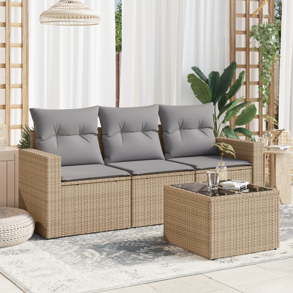 vidaXL 4-tlg. Garten-Sofagarnitur mit Kissen Beige Poly Rattan