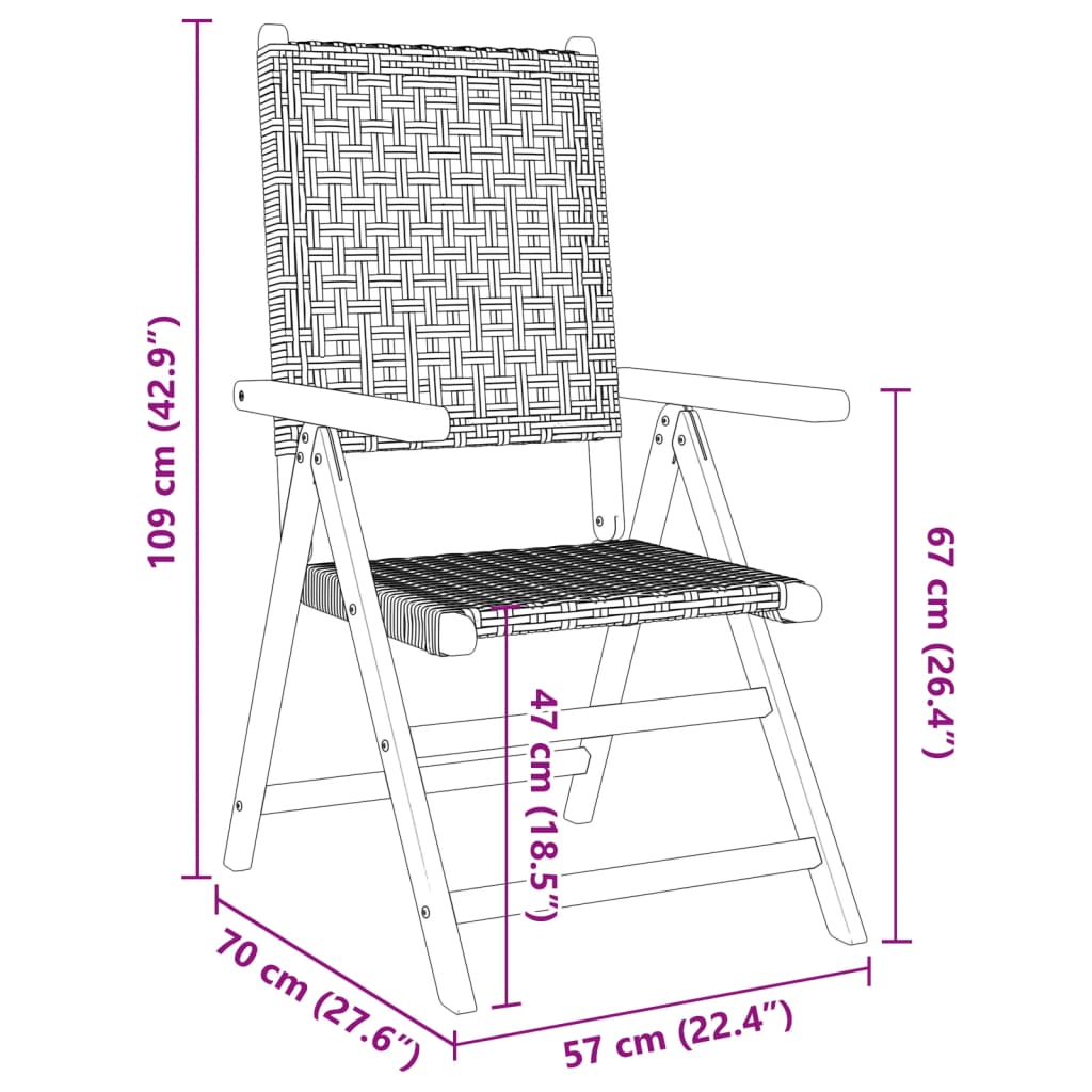 vidaXL Gartenstuhl Verstellbar 6 Stk. Schwarz Poly Rattan Massivholz