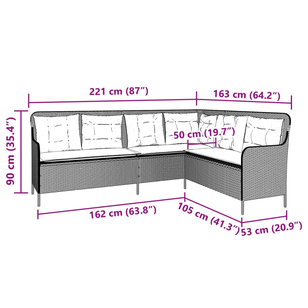 vidaXL Gartensofa in L-Form mit Kissen Grau Poly Rattan