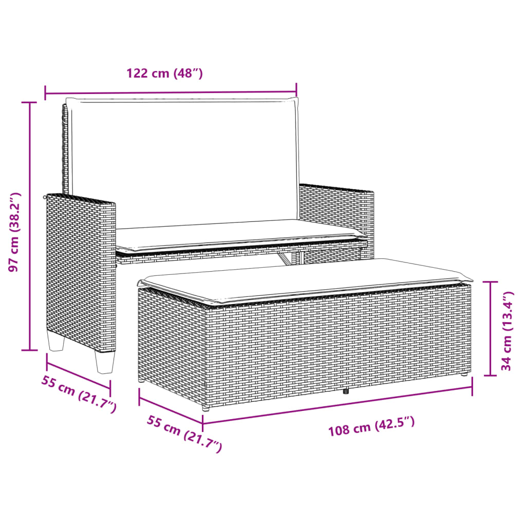 vidaXL Gartenbank mit Kissen und Hocker Schwarz Poly Rattan