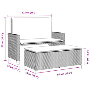 vidaXL Gartenbank mit Kissen und Hocker Schwarz Poly Rattan