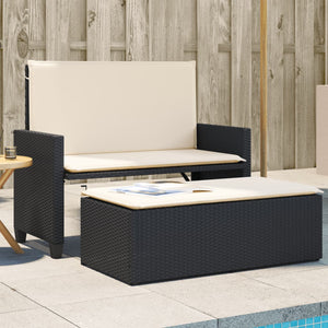 vidaXL Gartenbank mit Kissen und Hocker Schwarz Poly Rattan