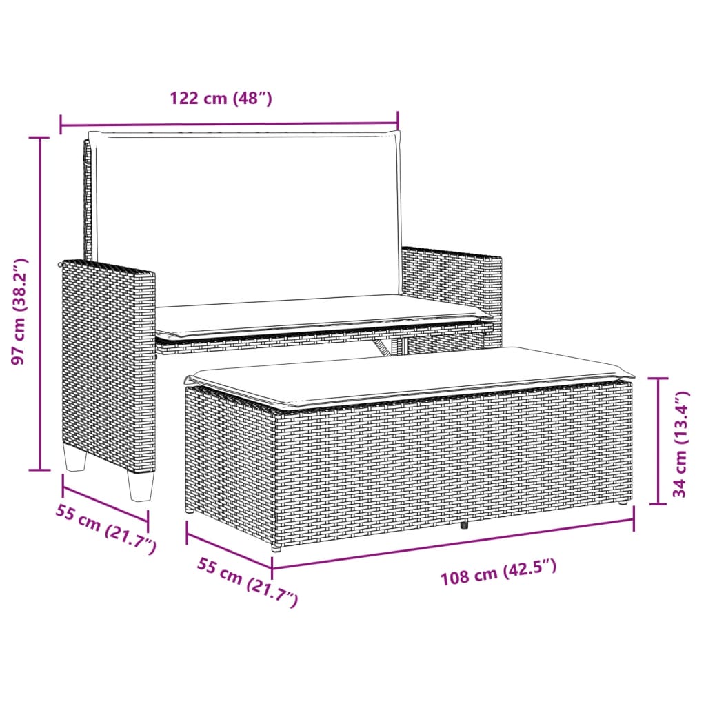 vidaXL Gartenbank mit Kissen und Hocker Grau Poly Rattan