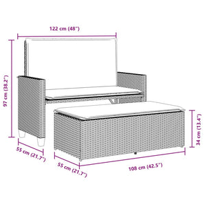 vidaXL Gartenbank mit Kissen und Hocker Grau Poly Rattan