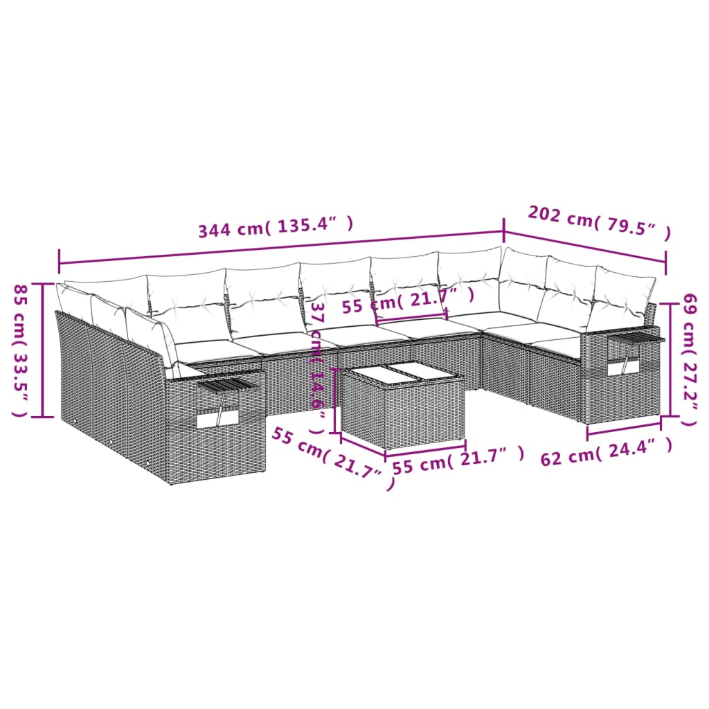 vidaXL 11-tlg. Garten-Sofagarnitur mit Kissen Hellgrau Poly Rattan