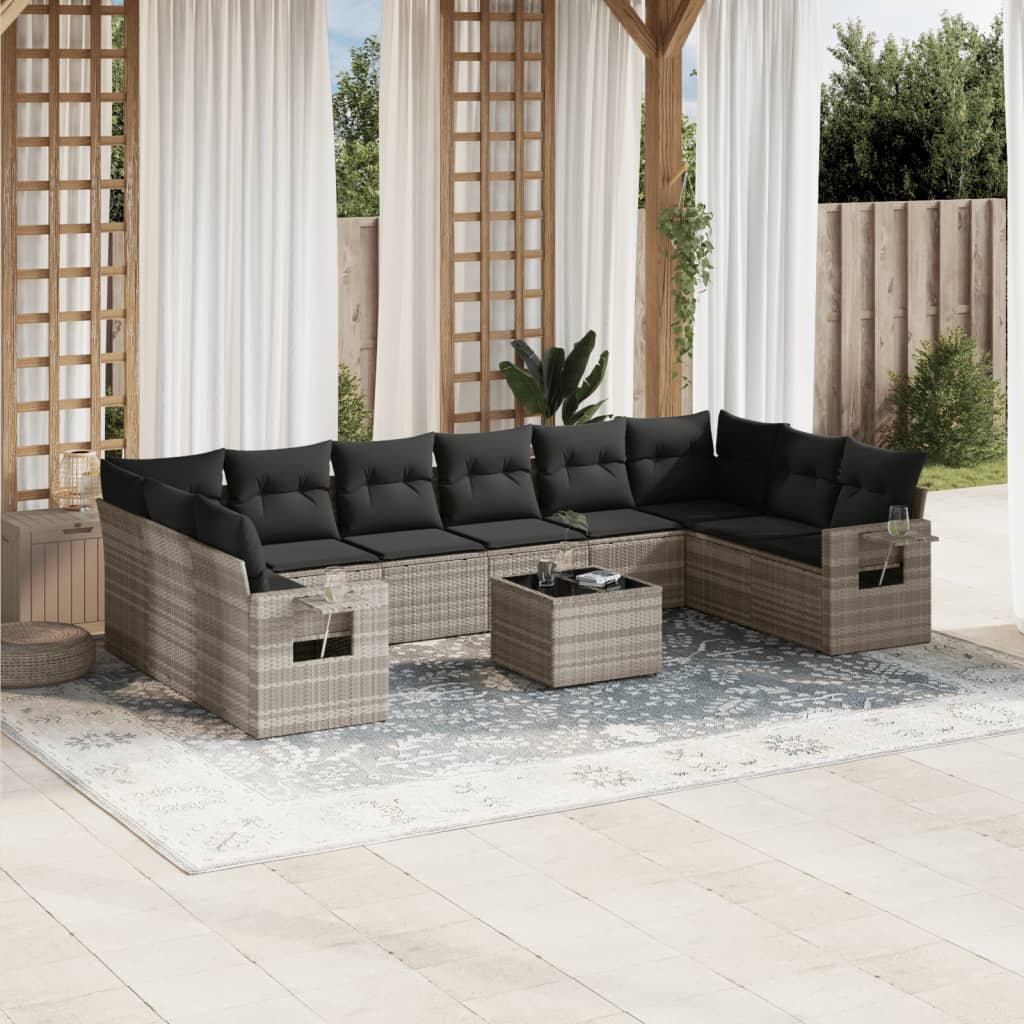 vidaXL 11-tlg. Garten-Sofagarnitur mit Kissen Hellgrau Poly Rattan