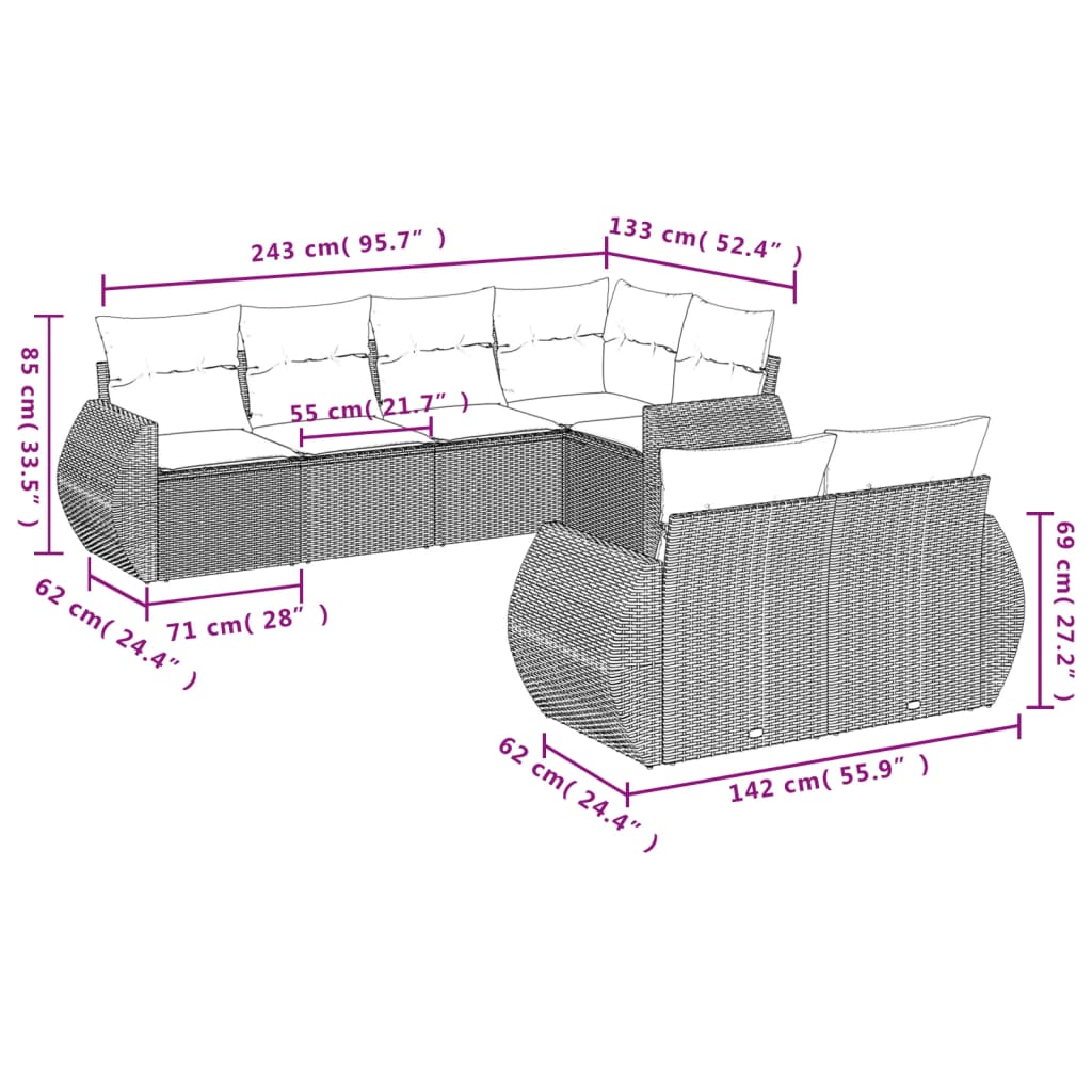 vidaXL 7-tlg. Garten-Sofagarnitur mit Kissen Schwarz Poly Rattan