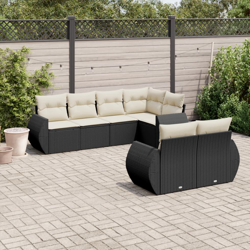 vidaXL 7-tlg. Garten-Sofagarnitur mit Kissen Schwarz Poly Rattan