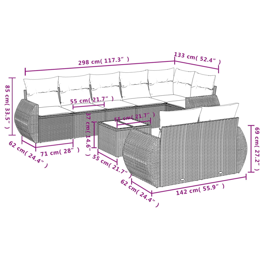 vidaXL 9-tlg. Garten-Sofagarnitur mit Kissen Schwarz Poly Rattan