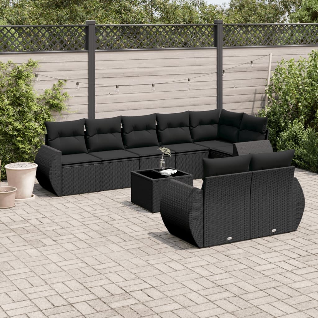 vidaXL 9-tlg. Garten-Sofagarnitur mit Kissen Schwarz Poly Rattan