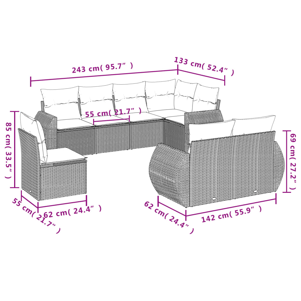 vidaXL 8-tlg. Garten-Sofagarnitur mit Kissen Grau Poly Rattan