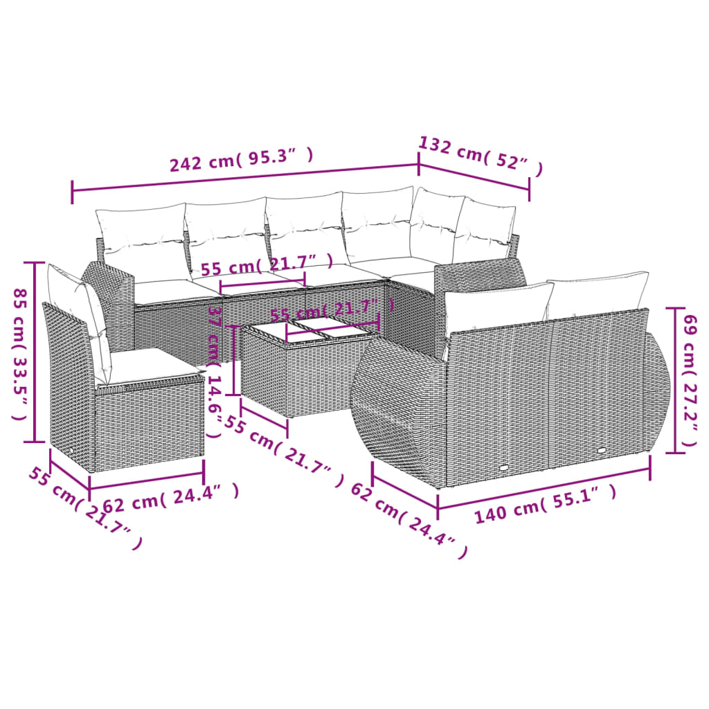 vidaXL 9-tlg. Garten-Sofagarnitur mit Kissen Hellgrau Poly Rattan