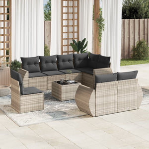 vidaXL 9-tlg. Garten-Sofagarnitur mit Kissen Hellgrau Poly Rattan