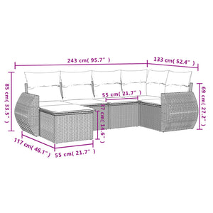 vidaXL 6-tlg. Garten-Sofagarnitur mit Kissen Hellgrau Poly Rattan