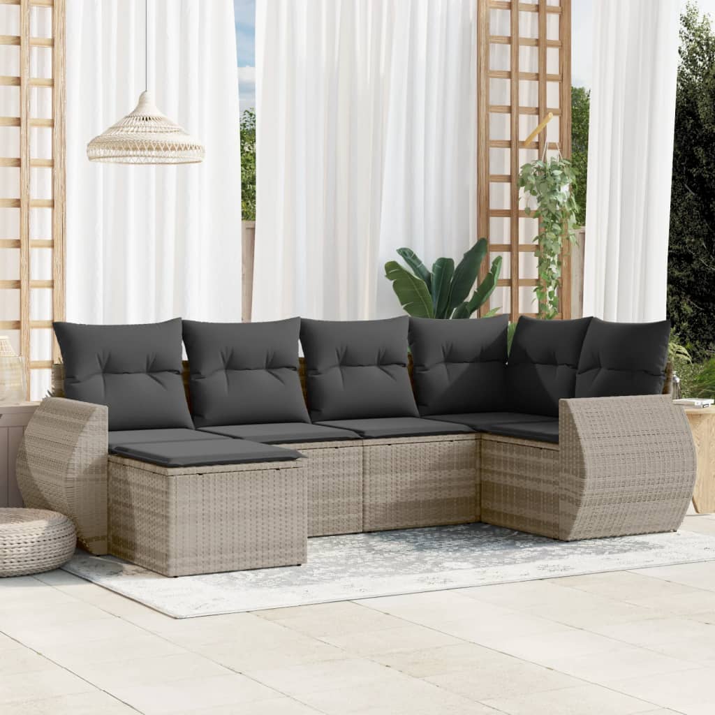 vidaXL 6-tlg. Garten-Sofagarnitur mit Kissen Hellgrau Poly Rattan