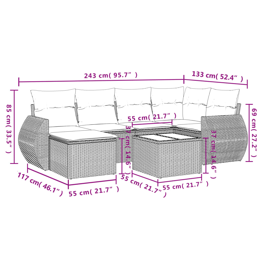 vidaXL 7-tlg. Garten-Sofagarnitur mit Kissen Schwarz Poly Rattan