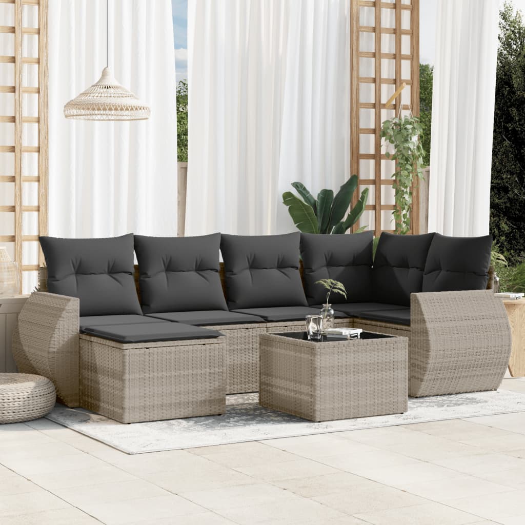 vidaXL 7-tlg. Garten-Sofagarnitur mit Kissen Hellgrau Poly Rattan