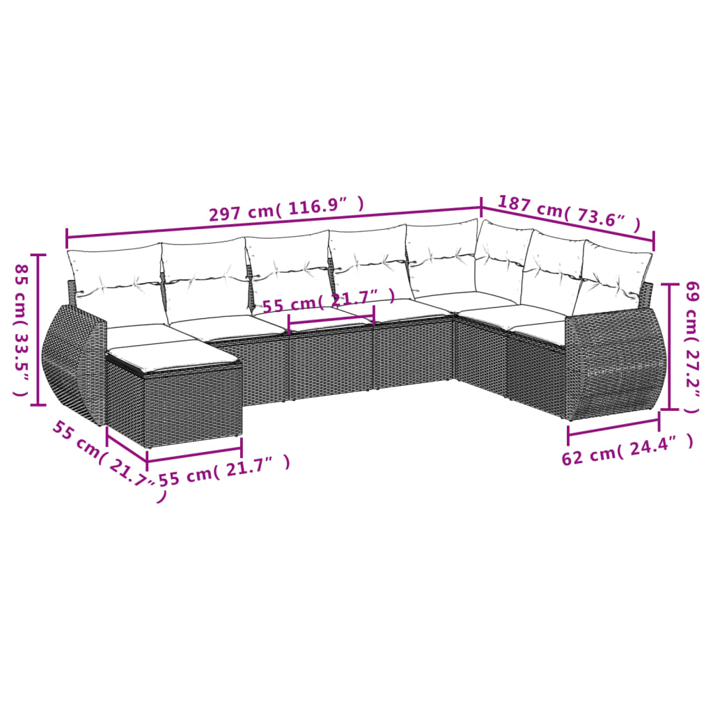 vidaXL 8-tlg. Garten-Sofagarnitur mit Kissen Hellgrau Poly Rattan