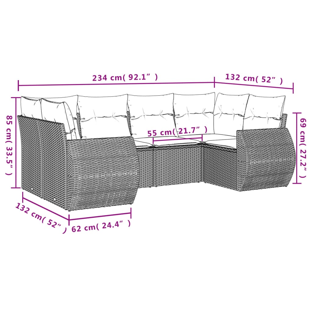 6-tlg. Garten-Sofagarnitur mit Kissen Hellgrau Poly Rattan