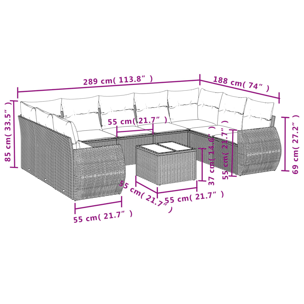 vidaXL 10-tlg. Garten-Sofagarnitur mit Kissen Schwarz Poly Rattan