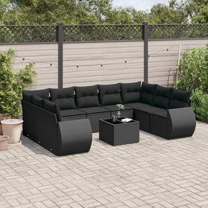 vidaXL 10-tlg. Garten-Sofagarnitur mit Kissen Schwarz Poly Rattan