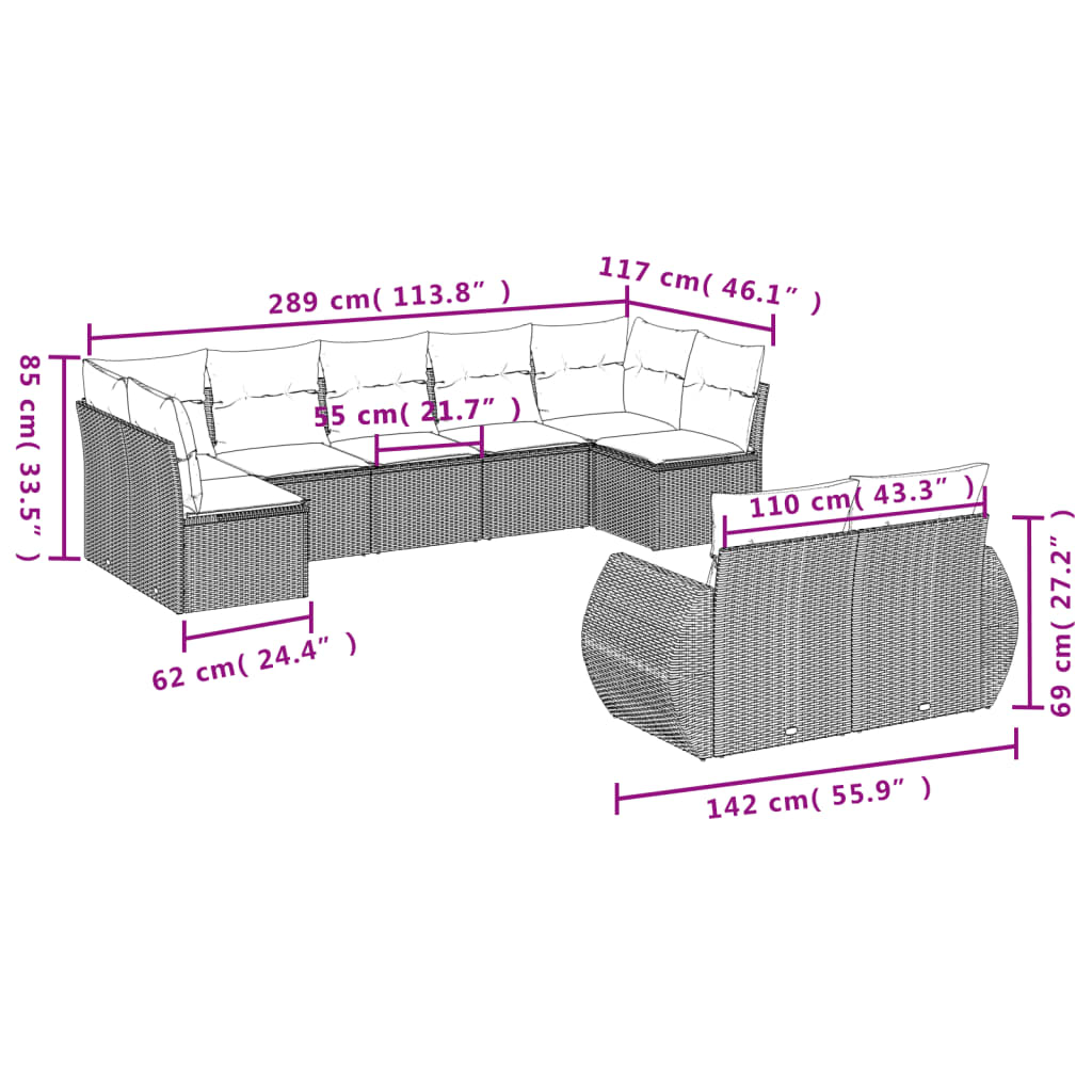 vidaXL 9-tlg. Garten-Sofagarnitur mit Kissen Grau Poly Rattan