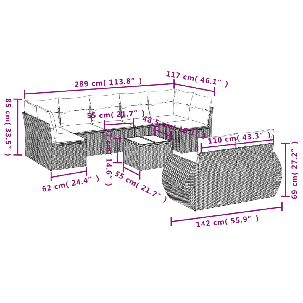 vidaXL 10-tlg. Garten-Sofagarnitur mit Kissen Schwarz Poly Rattan