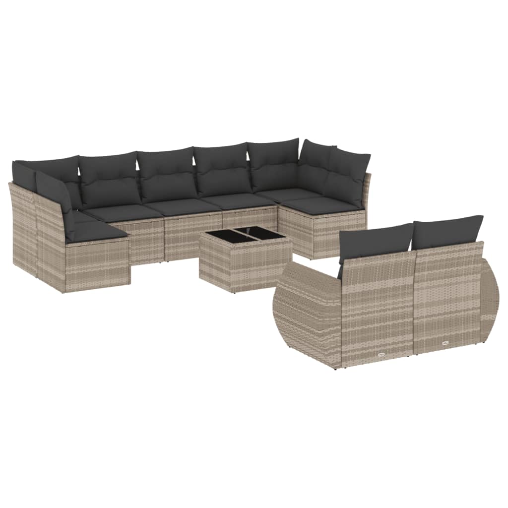 vidaXL 10-tlg. Garten-Sofagarnitur mit Kissen Hellgrau Poly Rattan