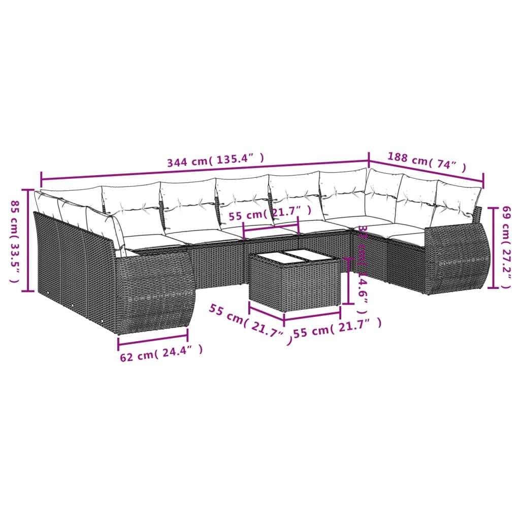 vidaXL 10-tlg. Garten-Sofagarnitur mit Kissen Hellgrau Poly Rattan