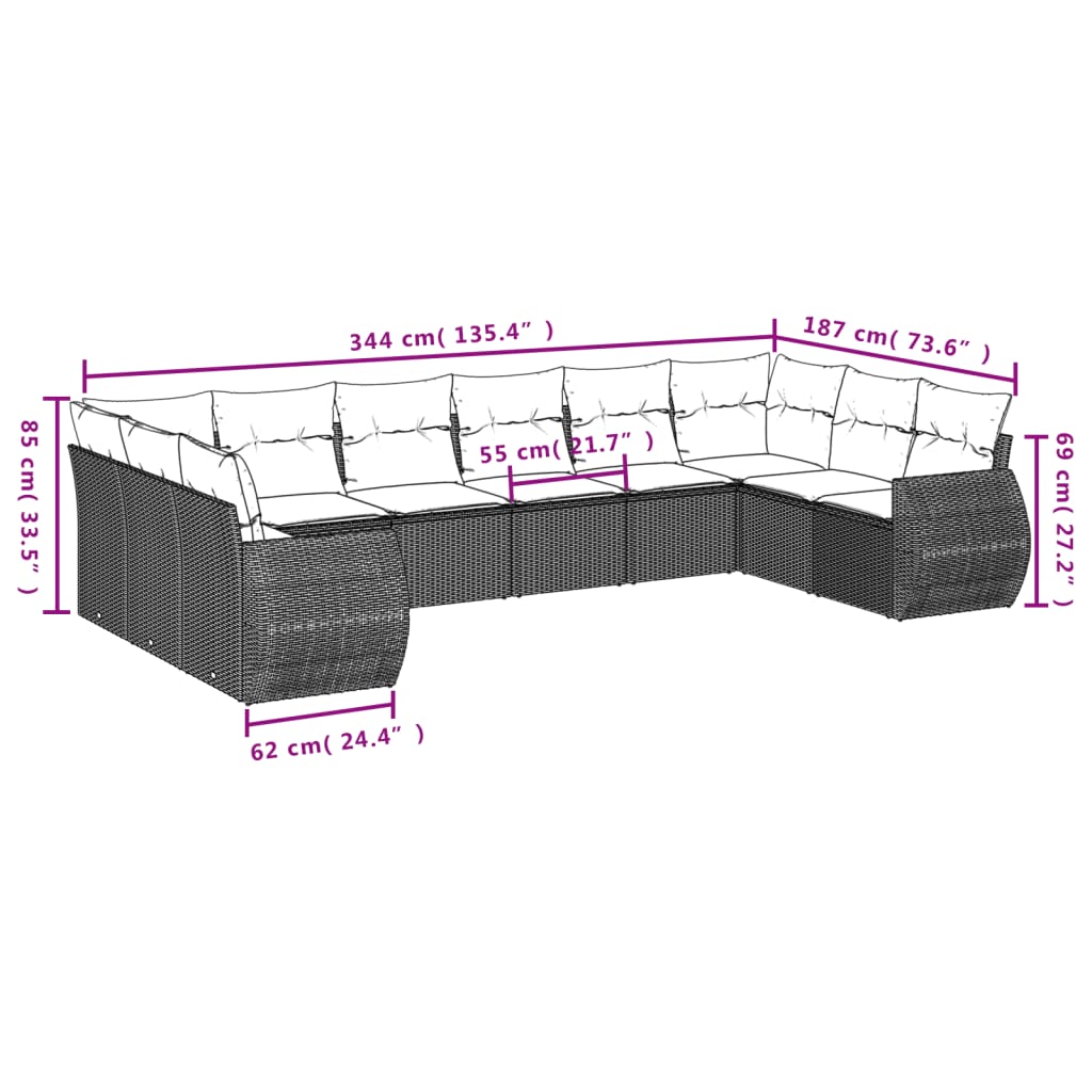 vidaXL 11-tlg. Garten-Sofagarnitur mit Kissen Hellgrau Poly Rattan