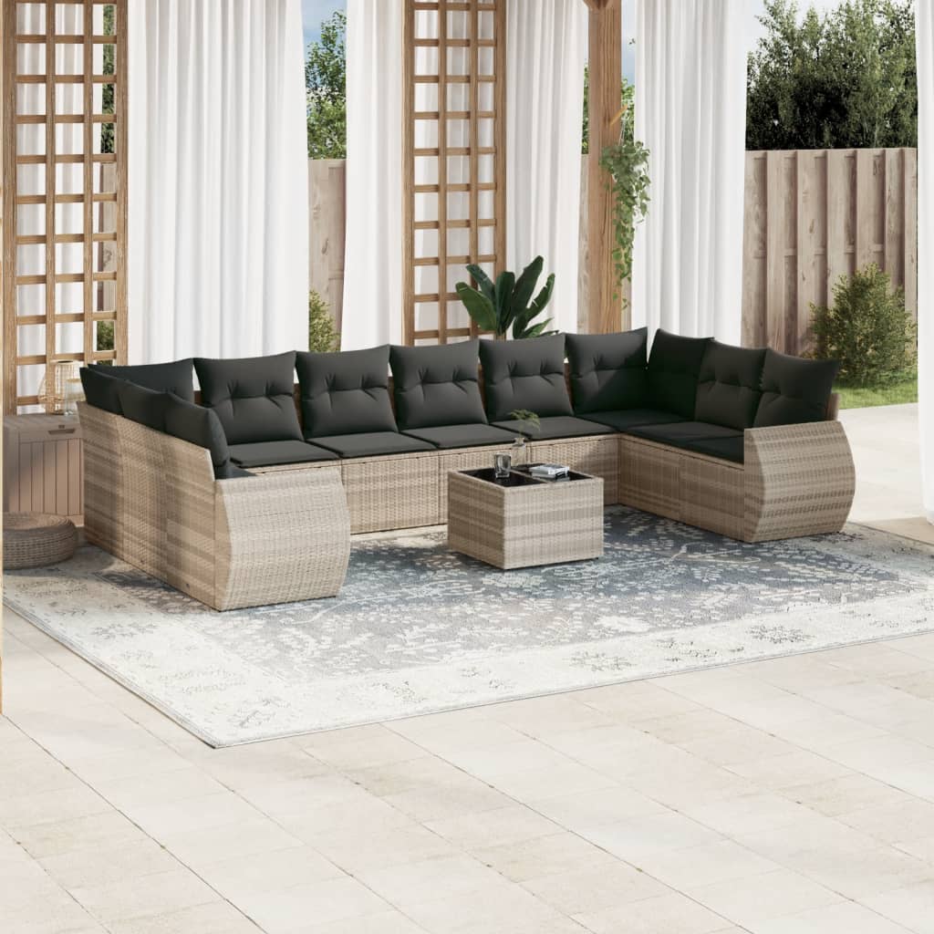 vidaXL 11-tlg. Garten-Sofagarnitur mit Kissen Hellgrau Poly Rattan