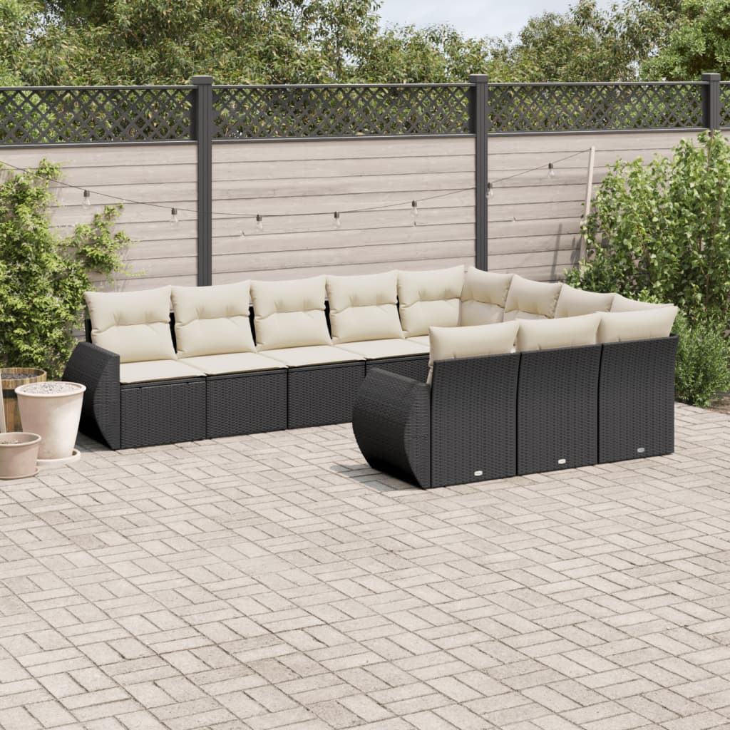 vidaXL 10-tlg. Garten-Sofagarnitur mit Kissen Schwarz Poly Rattan