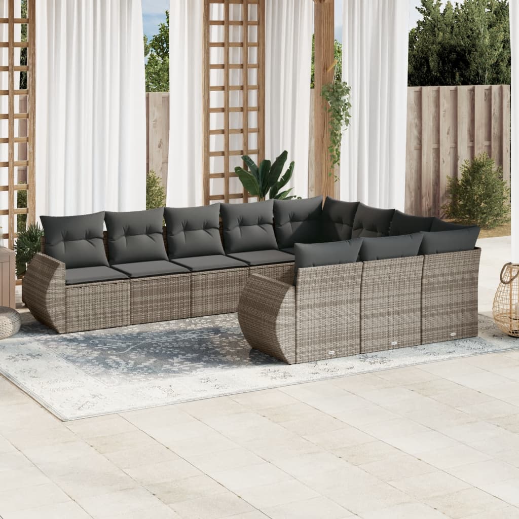 vidaXL 10-tlg. Garten-Sofagarnitur mit Kissen Grau Poly Rattan