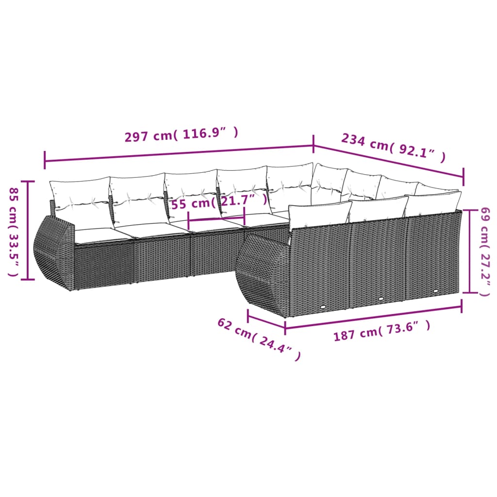 vidaXL 10-tlg. Garten-Sofagarnitur mit Kissen Hellgrau Poly Rattan