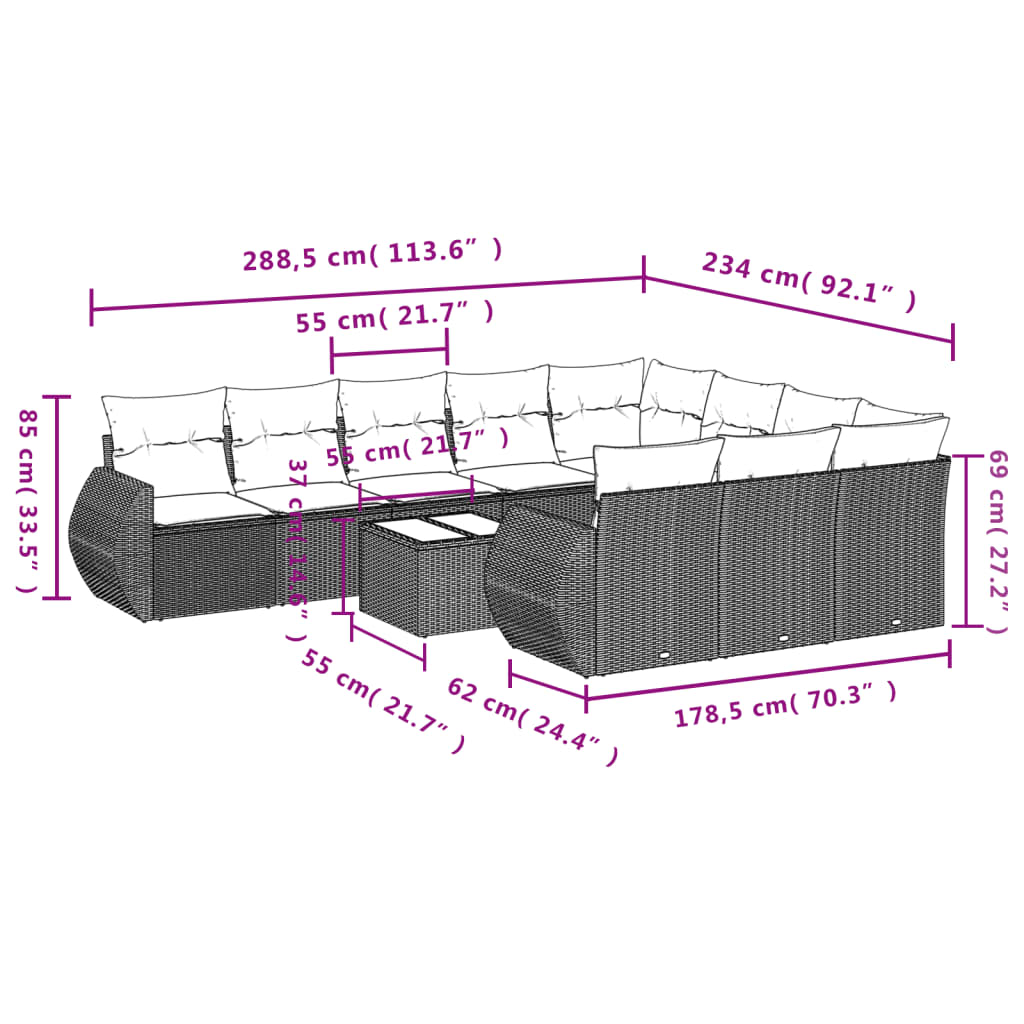 vidaXL 11-tlg. Garten-Sofagarnitur mit Kissen Hellgrau Poly Rattan