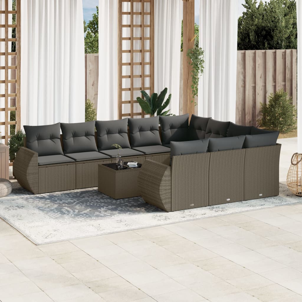 vidaXL 11-tlg. Garten-Sofagarnitur mit Kissen Hellgrau Poly Rattan