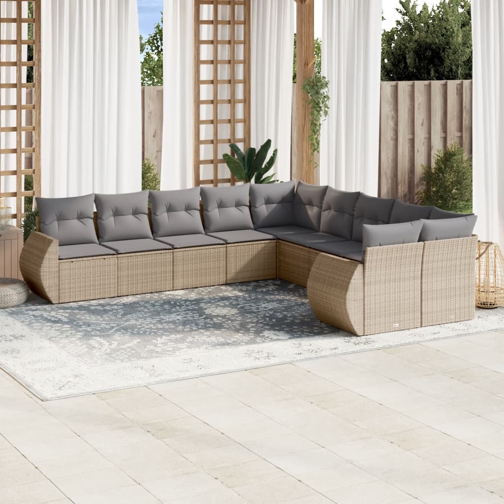 vidaXL 10-tlg. Garten-Sofagarnitur mit Kissen Beige Poly Rattan