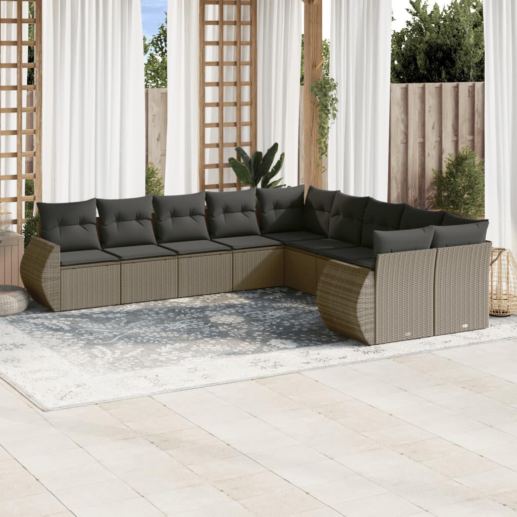 vidaXL 10-tlg. Garten-Sofagarnitur mit Kissen Hellgrau Poly Rattan