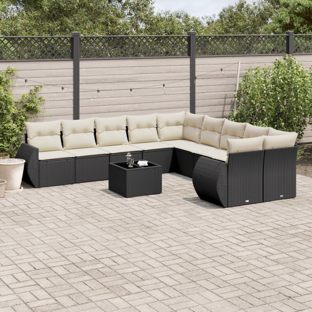 vidaXL 11-tlg. Garten-Sofagarnitur mit Kissen Schwarz Poly Rattan