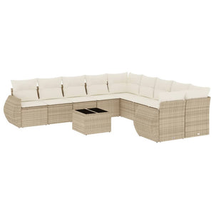 vidaXL 11-tlg. Garten-Sofagarnitur mit Kissen Beige Poly Rattan