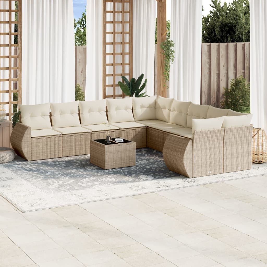 vidaXL 11-tlg. Garten-Sofagarnitur mit Kissen Beige Poly Rattan